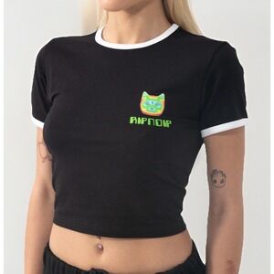 Ripndip Thermal Nermal Ringer Crop Shirt XS Black Neon‎ Cat Graphic Skatewear